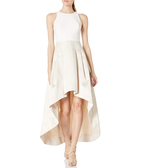 NEW ELIZA J Asymmetrical CHAMPAGNE Two Tone CREPE & MIKADO High Low DRESS GOWN 4 - Picture 10 of 13